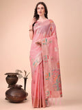 Pink Linen Cotton Saree With Blouse Piece - EZBER
