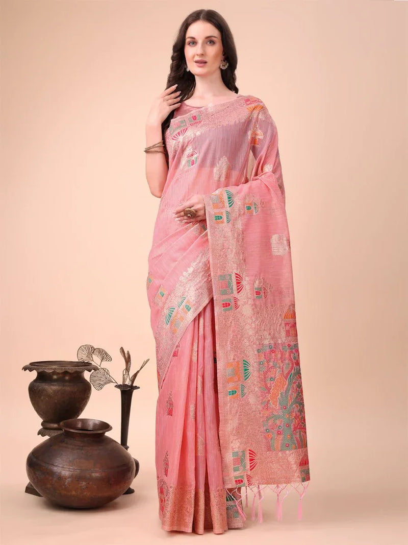 Pink Linen Cotton Saree With Blouse Piece - EZBER