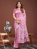 Pink Linen Cotton Saree With Blouse Piece - EZBER