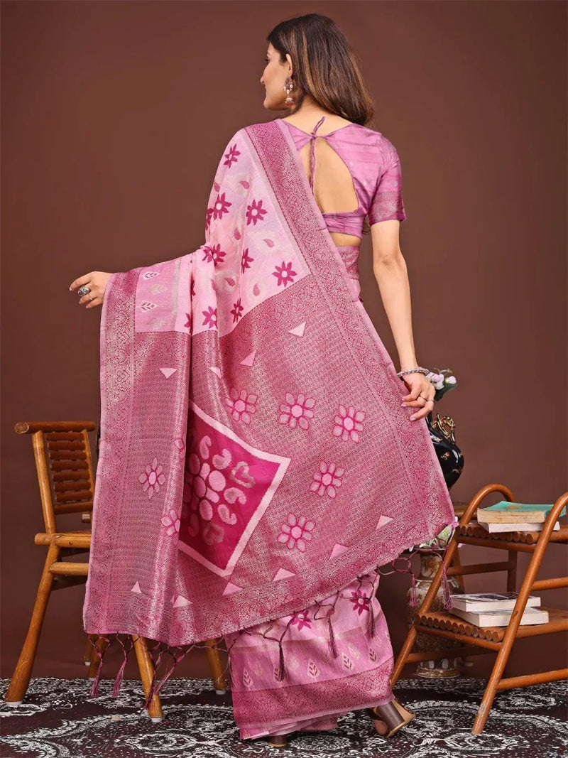 Pink Linen Cotton Saree With Blouse Piece - EZBER