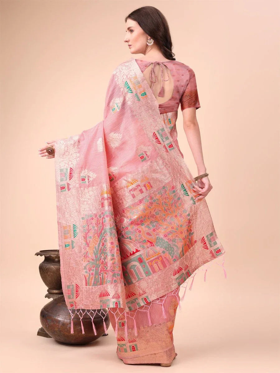 Pink Linen Cotton Saree With Blouse Piece - EZBER