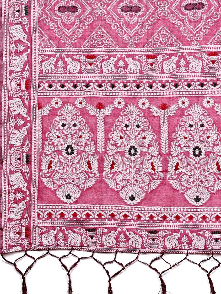 Pink Linen Cotton Saree With Blouse Piece - EZBER