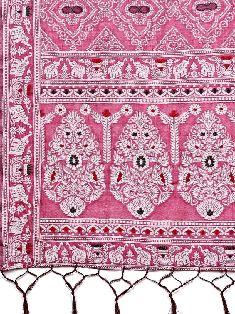 Pink Linen Cotton Saree With Blouse Piece - EZBER