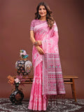 Pink Linen Cotton Saree With Blouse Piece - EZBER
