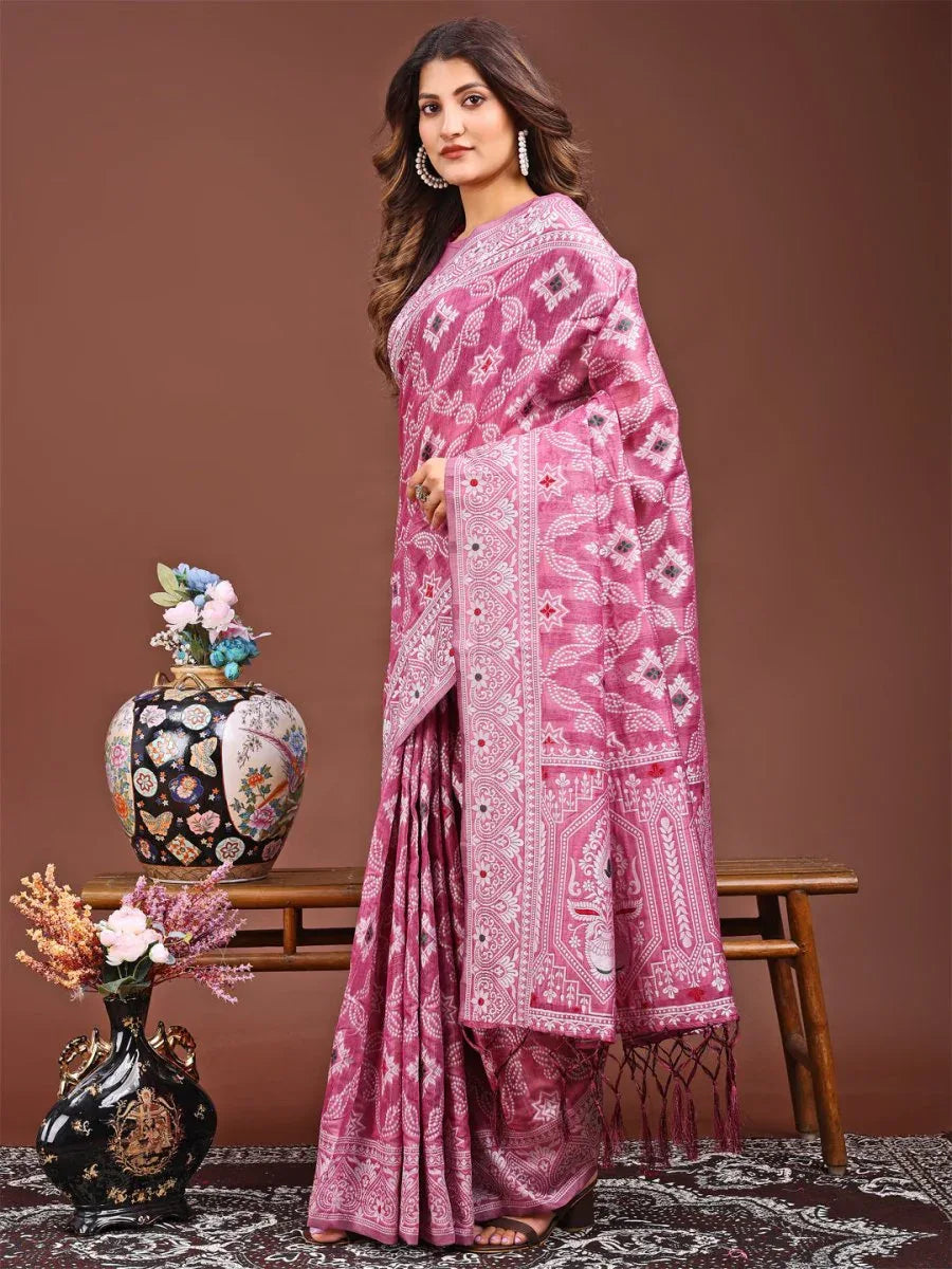 Pink Linen Cotton Saree With Blouse Piece - EZBER