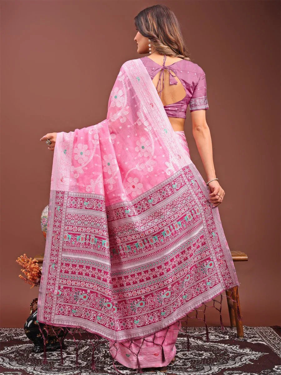 Pink Linen Cotton Saree With Blouse Piece - EZBER