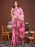 Pink Linen Cotton Saree With Blouse Piece - EZBER