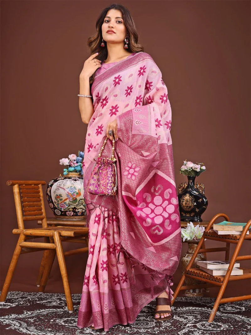 Pink Linen Cotton Saree With Blouse Piece - EZBER