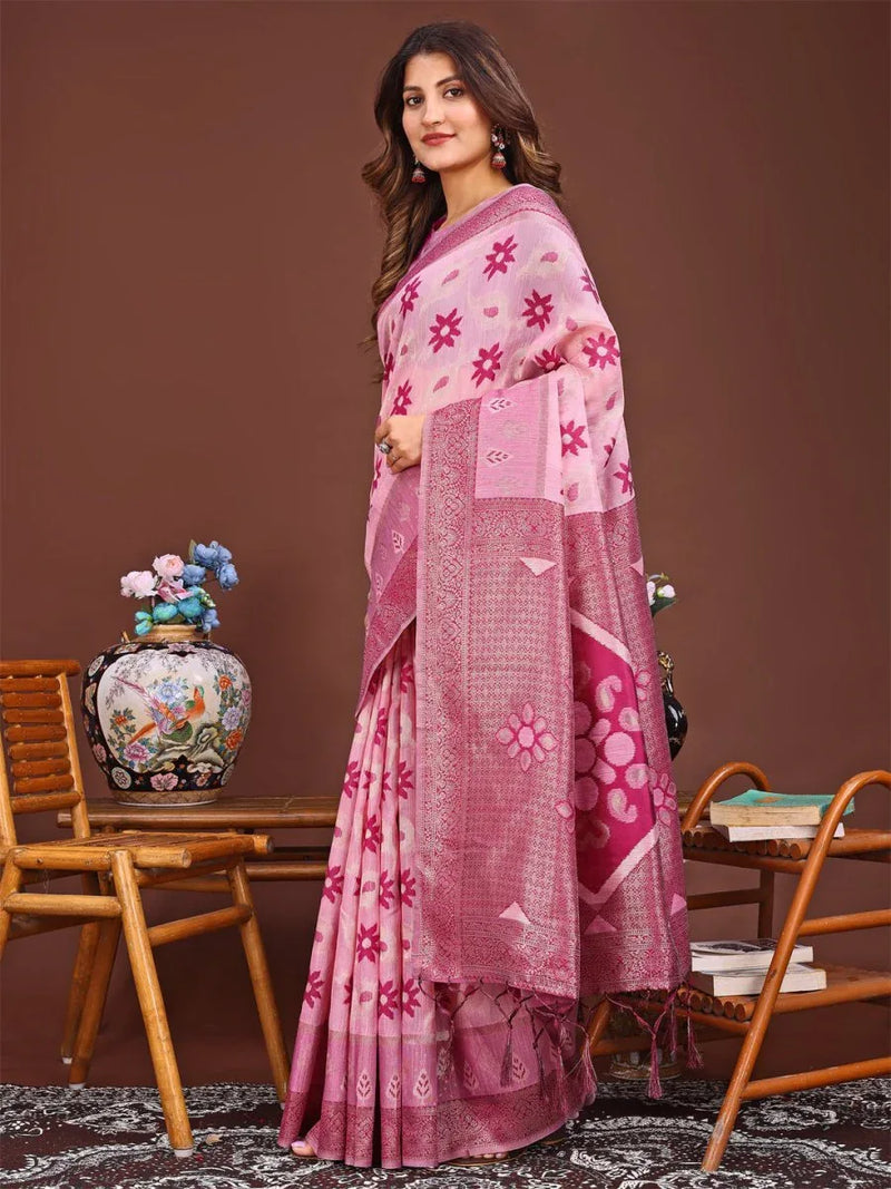 Pink Linen Cotton Saree With Blouse Piece - EZBER