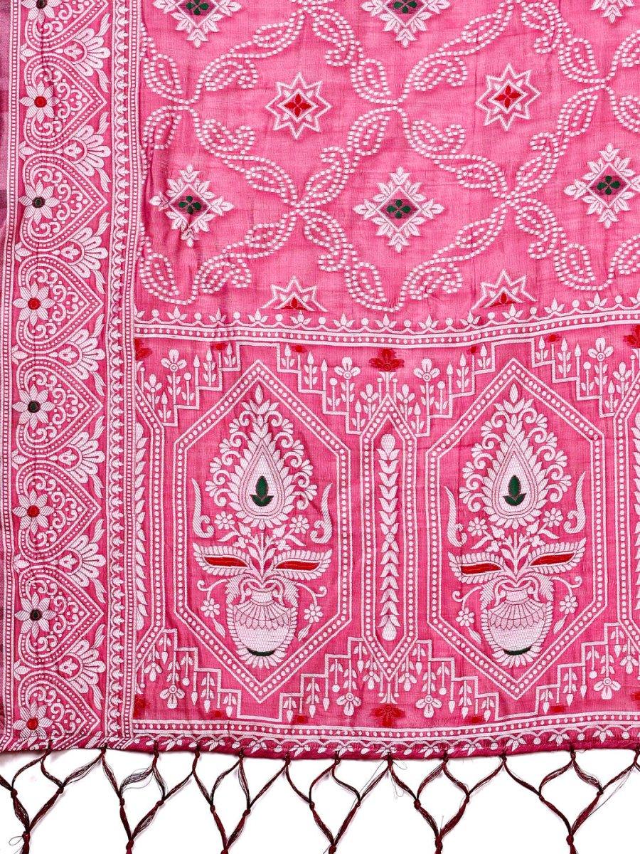 Pink Linen Cotton Saree With Blouse Piece - EZBER