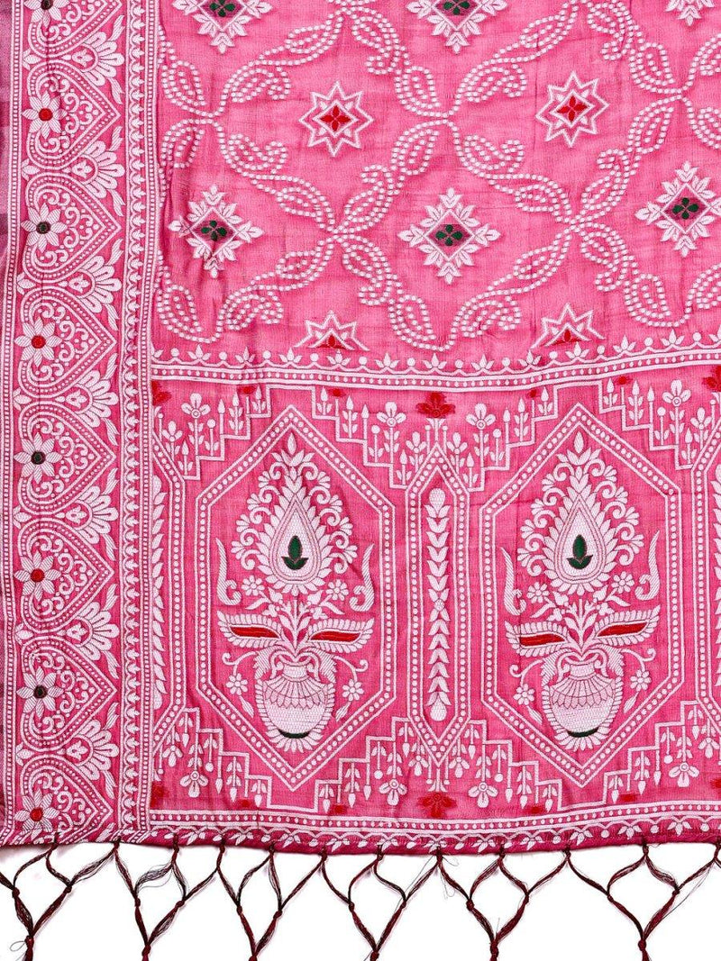 Pink Linen Cotton Saree With Blouse Piece - EZBER
