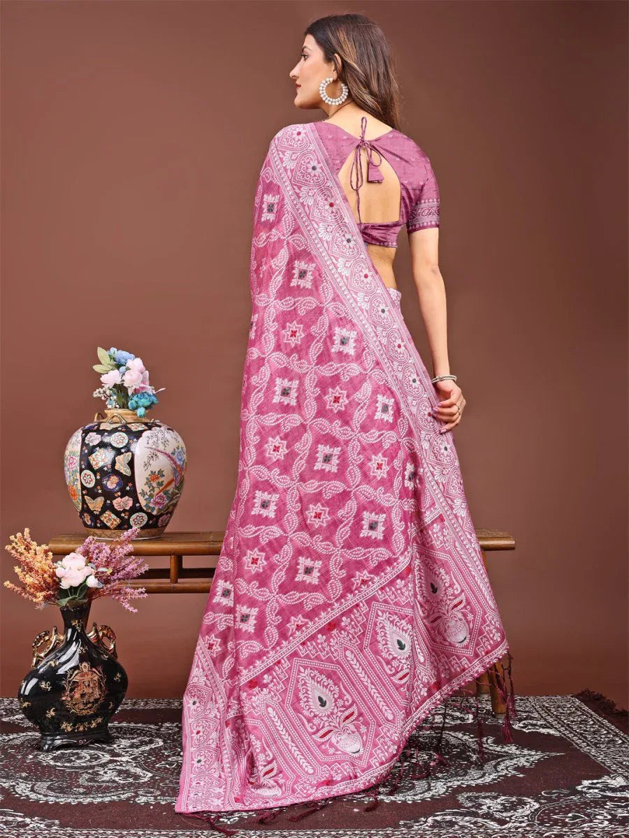 Pink Linen Cotton Saree With Blouse Piece - EZBER