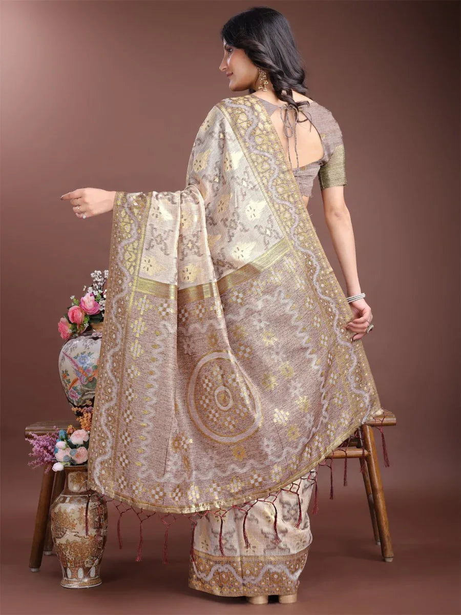 Pink Linen Cotton Saree With Blouse Piece - EZBER