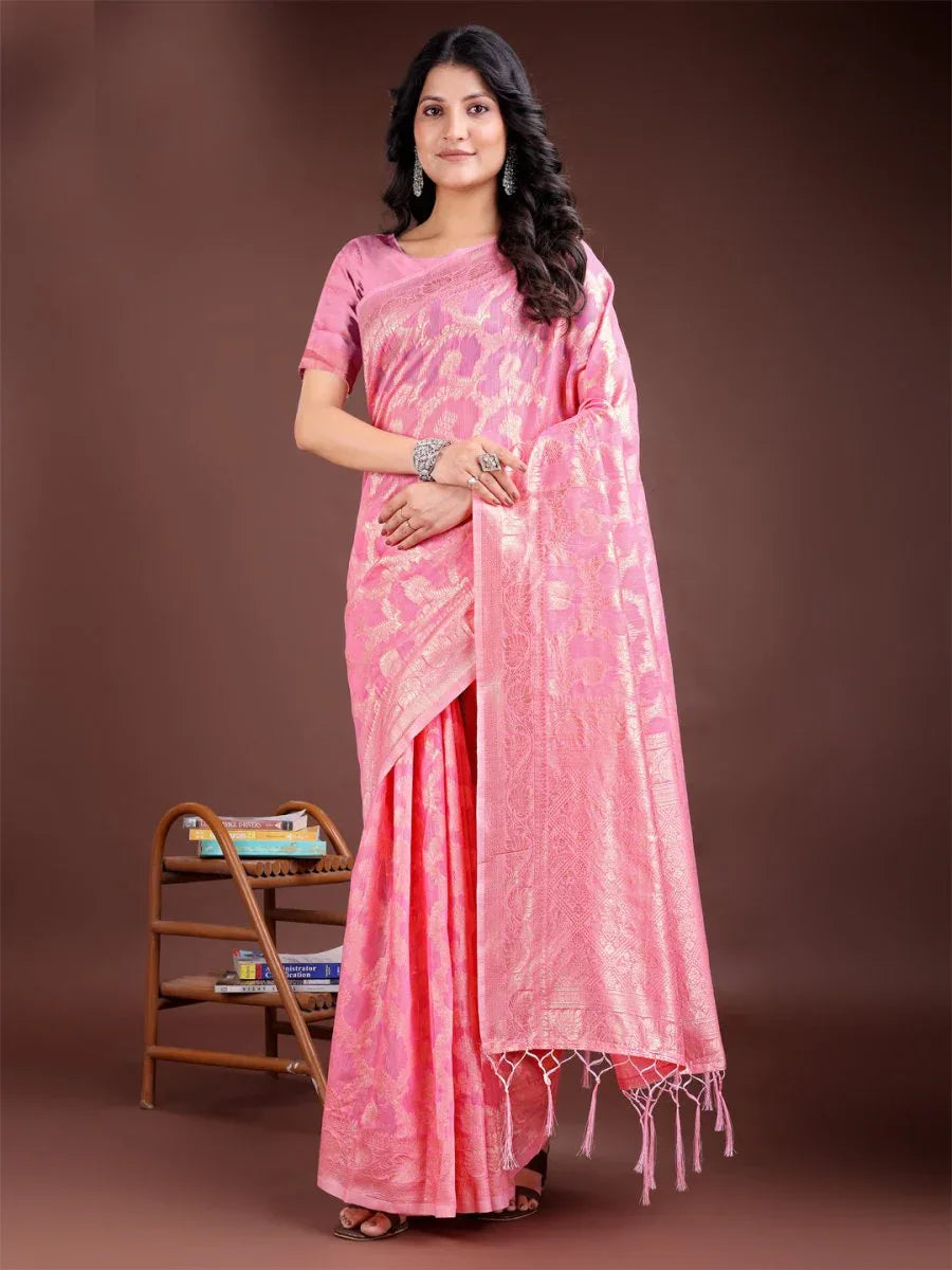 Pink Linen Cotton Saree With Blouse Piece - EZBER