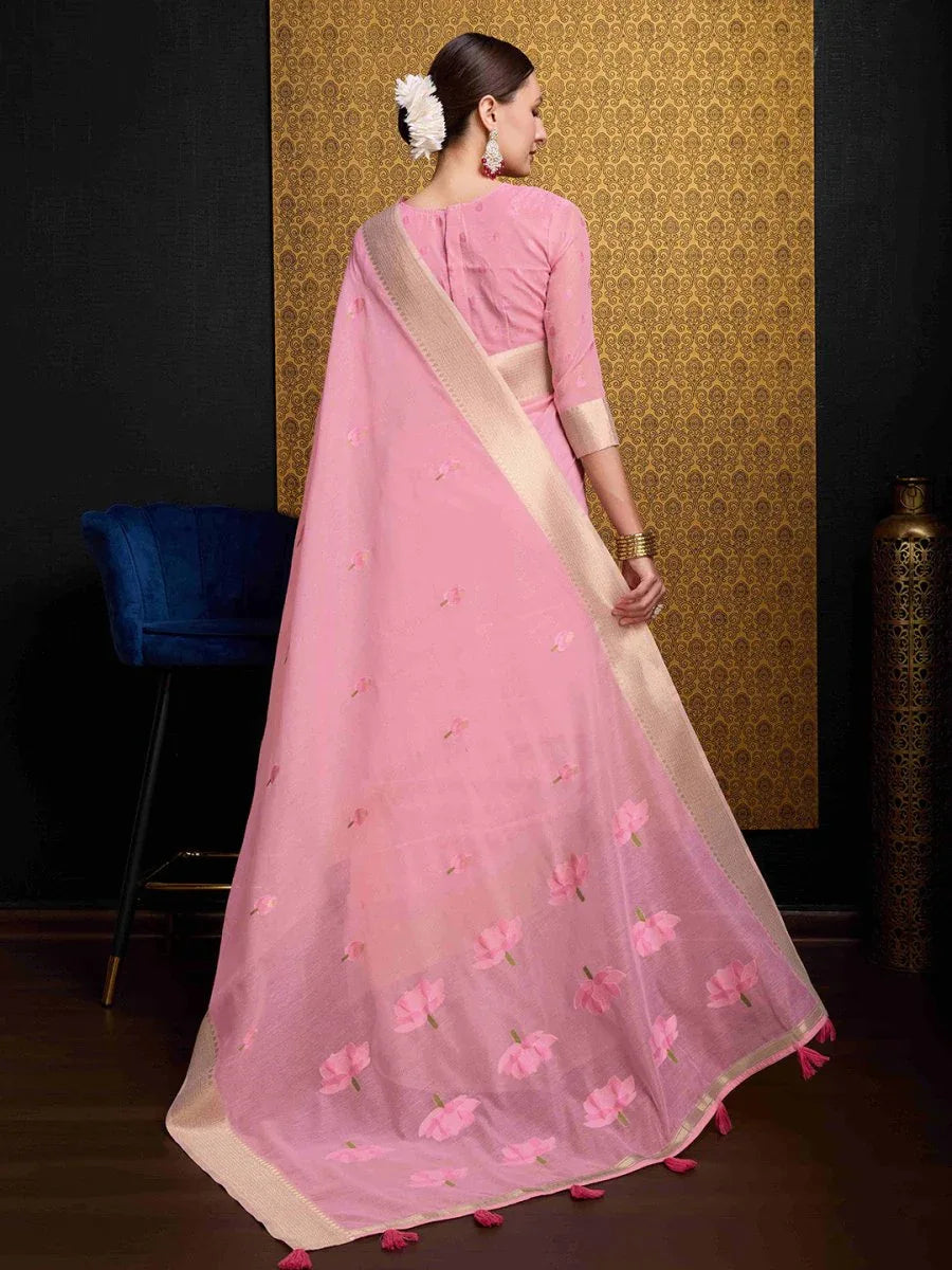Pink Linen Festive Wear Saree With Blouse Piece - EZBER
