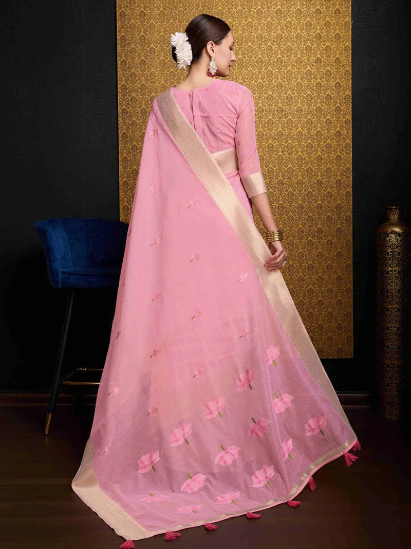 Pink Linen Festive Wear Saree With Blouse Piece - EZBER