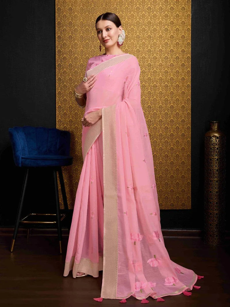 Pink Linen Festive Wear Saree With Blouse Piece - EZBER