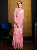 Pink Linen Festive Wear Saree With Blouse Piece - EZBER