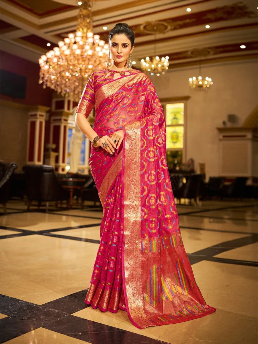 Pink Organza Festive Wear Saree With Blouse Piece - EZBER