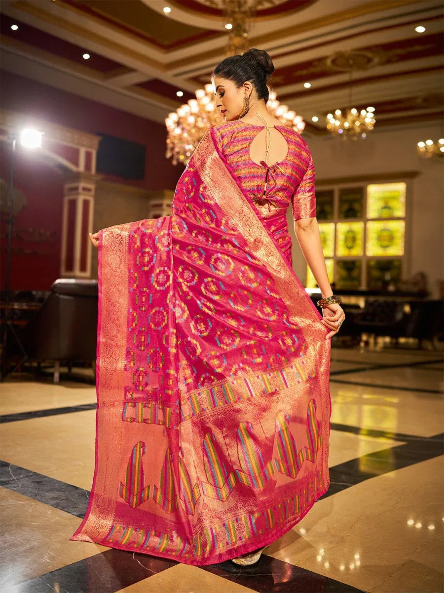 Pink Organza Festive Wear Saree With Blouse Piece - EZBER