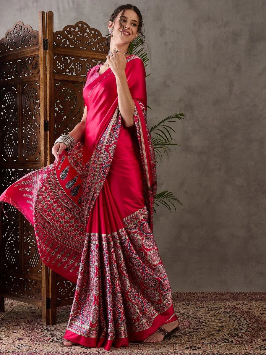 Pink Semi Modal Saree With Blouse Piece - EZBER