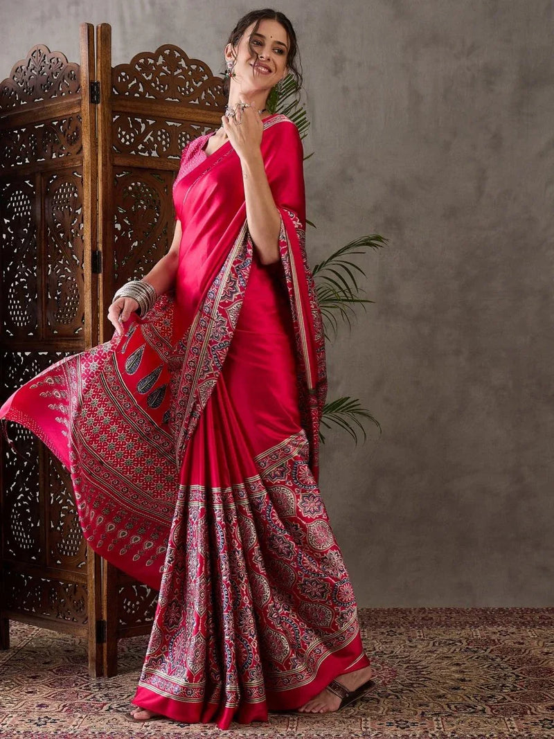 Pink Semi Modal Saree With Blouse Piece - EZBER