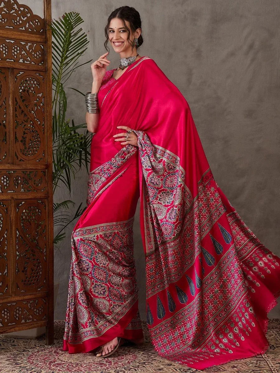 Pink Semi Modal Saree With Blouse Piece - EZBER