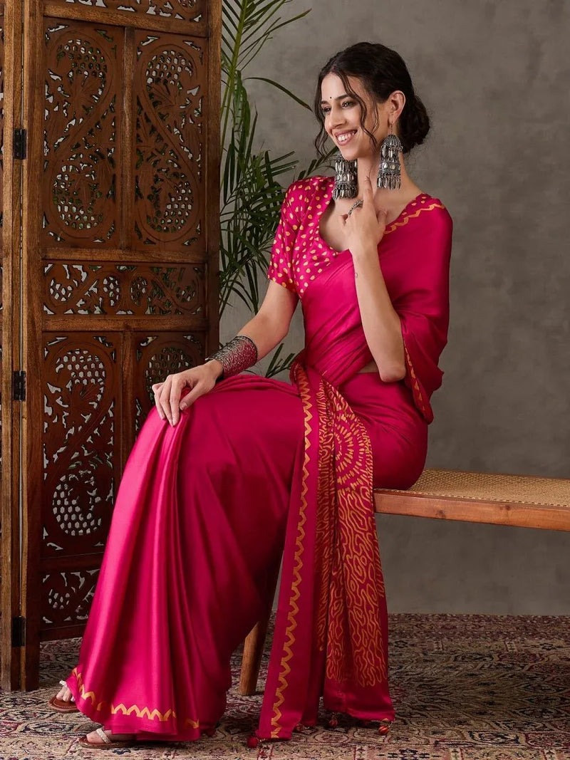 Pink Semi Modal Saree With Blouse Piece - EZBER