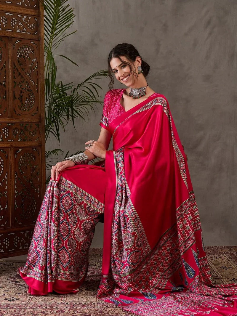 Pink Semi Modal Saree With Blouse Piece - EZBER