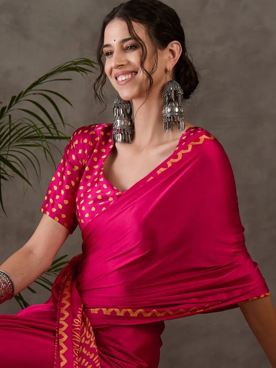 Pink Semi Modal Saree With Blouse Piece - EZBER