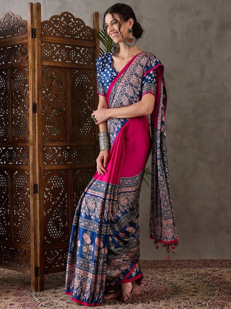 Pink Semi Modal Saree With Blouse Piece - EZBER