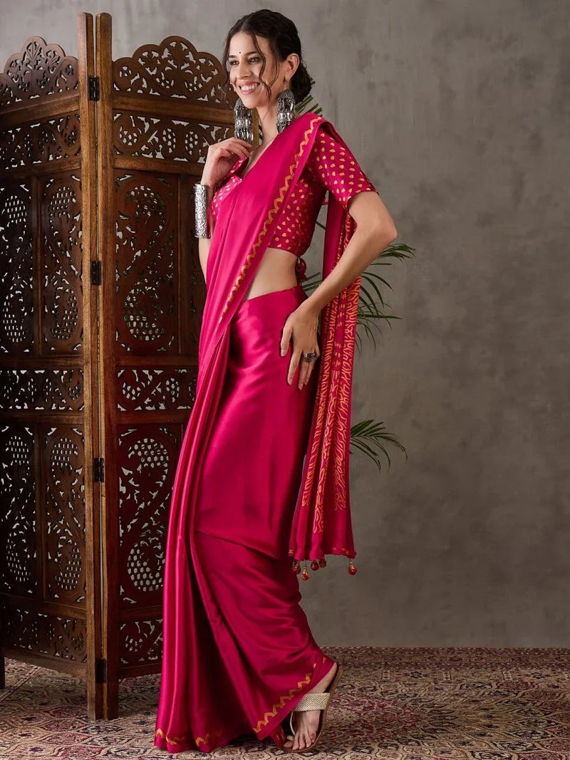 Pink Semi Modal Saree With Blouse Piece - EZBER