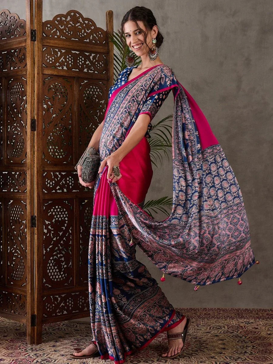 Pink Semi Modal Saree With Blouse Piece - EZBER