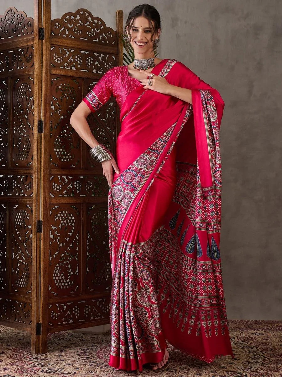 Pink Semi Modal Saree With Blouse Piece - EZBER