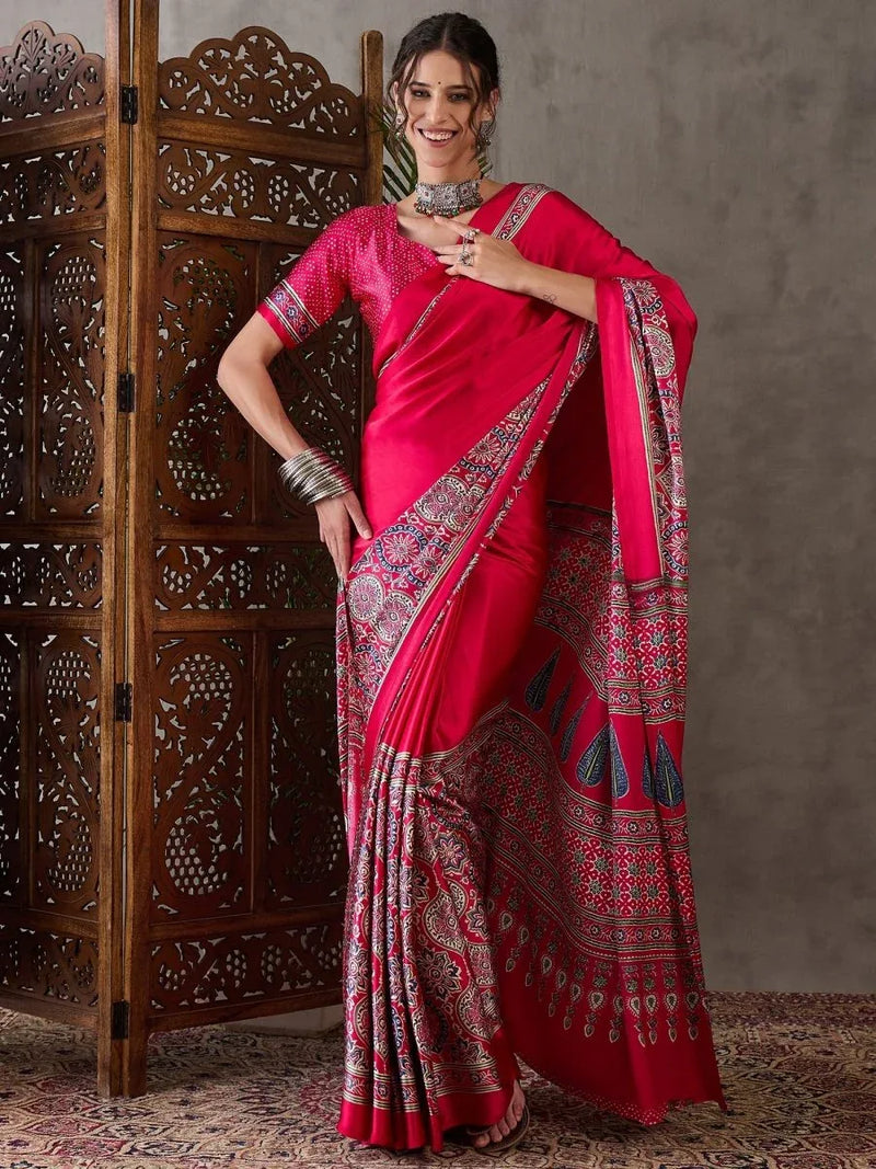 Pink Semi Modal Saree With Blouse Piece - EZBER