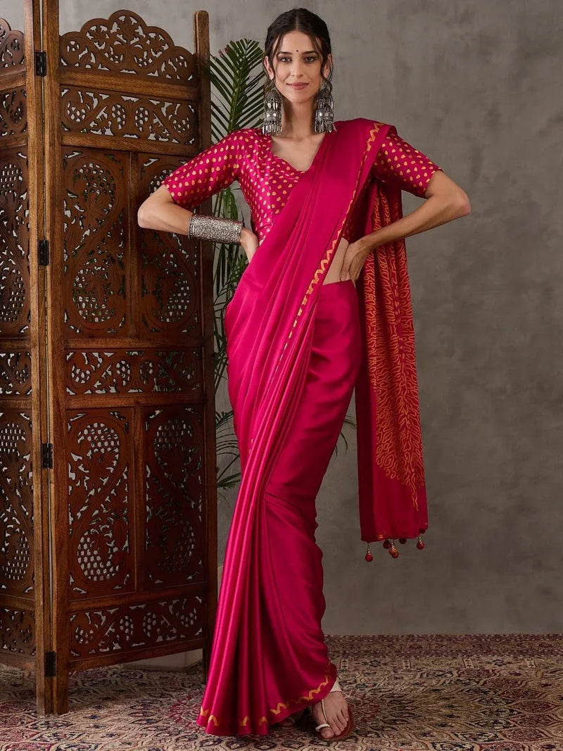 Pink Semi Modal Saree With Blouse Piece - EZBER
