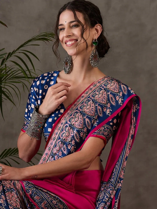 Pink Semi Modal Saree With Blouse Piece - EZBER
