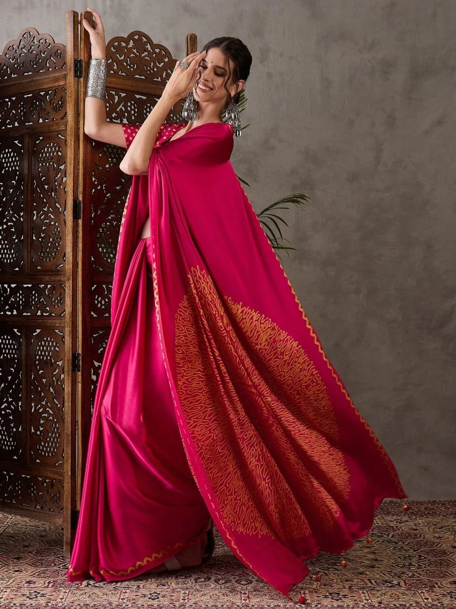 Pink Semi Modal Saree With Blouse Piece - EZBER
