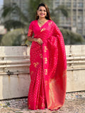 Pink Silk Blend Saree With Blouse Piece - EZBER