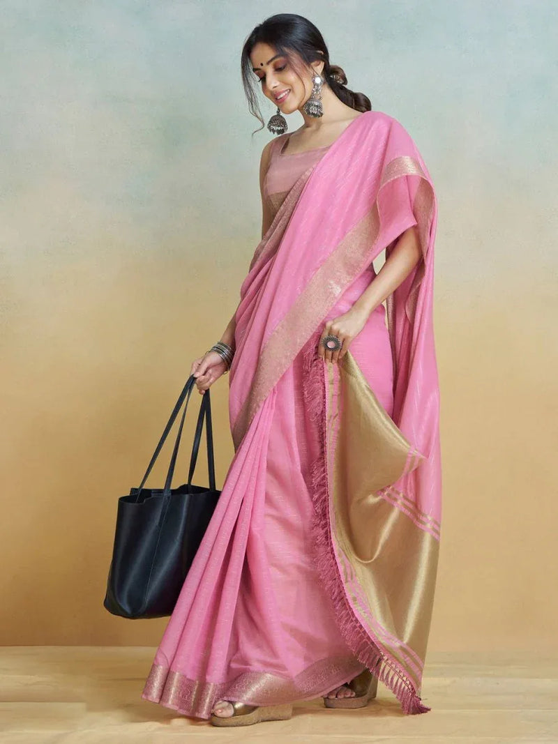 Pink Silk Festive Wear Saree With Blouse Piece - EZBER