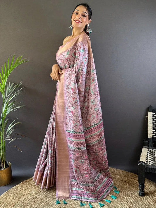 Pink Tussar Silk Saree With Blouse Piece - EZBER