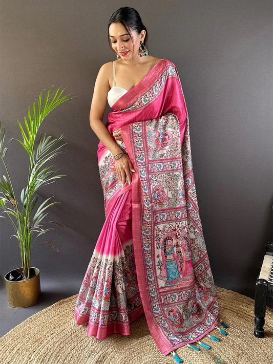 Pink Tussar Silk Saree With Blouse Piece - EZBER