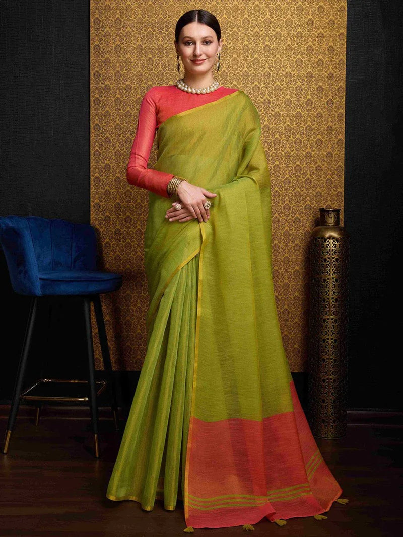 Pista Linen Festive Wear Saree With Blouse Piece - EZBER