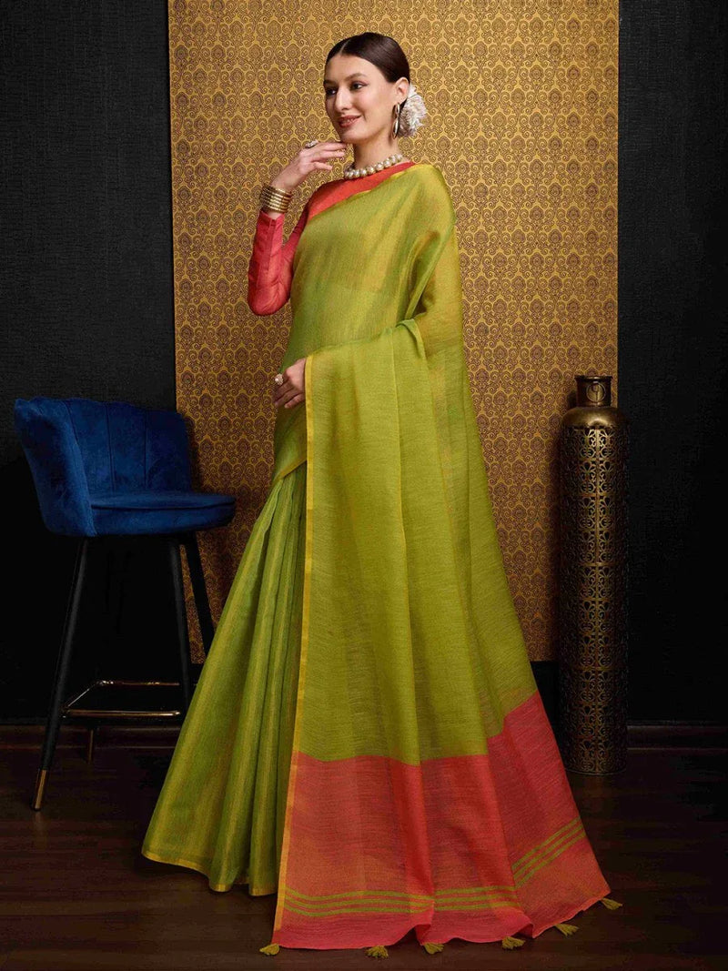 Pista Linen Festive Wear Saree With Blouse Piece - EZBER