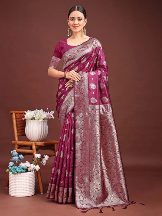 Purple Banarasi Silk Saree With Blouse Piece - EZBER