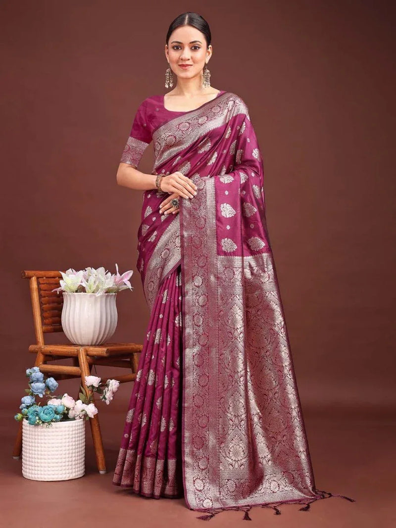 Purple Banarasi Silk Saree With Blouse Piece - EZBER