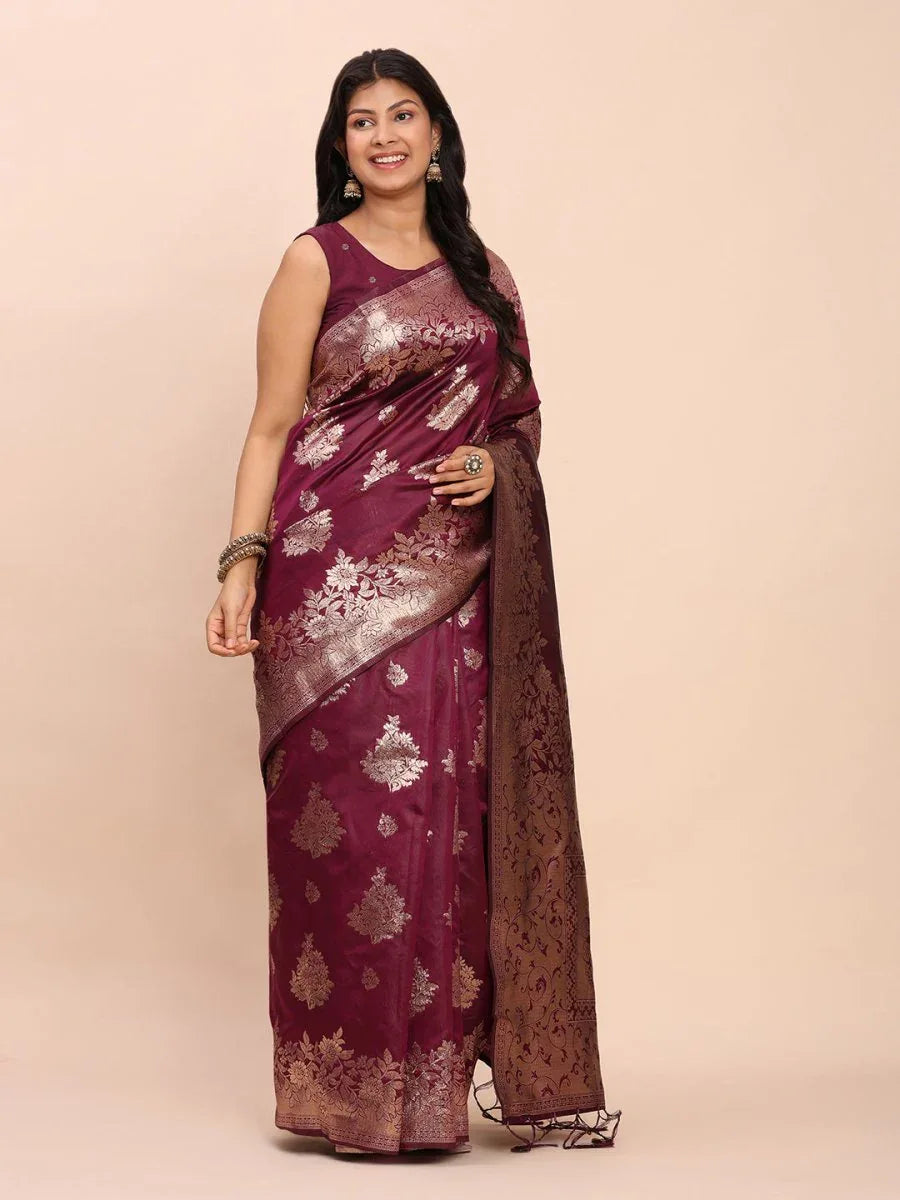 Purple Banarasi silk Saree With Blouse Piece - EZBER