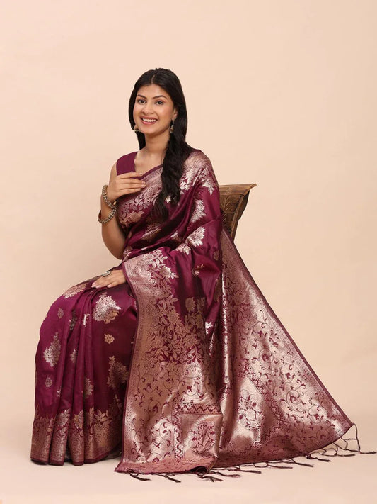 Purple Banarasi silk Saree With Blouse Piece - EZBER