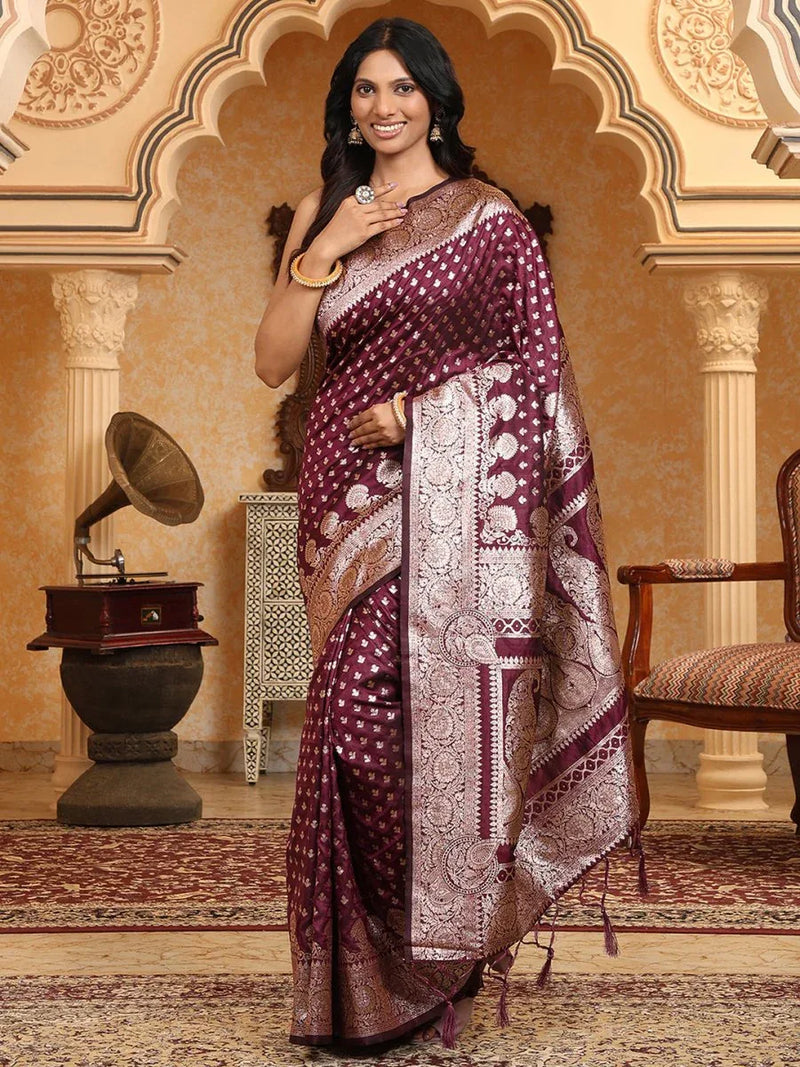 Purple Banarasi Silk Saree With Blouse Piece - EZBER