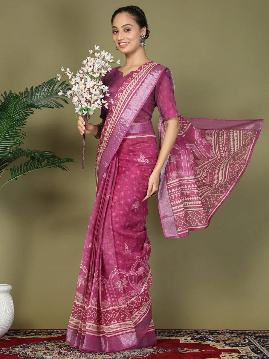 Purple Cotton Saree With Blouse Piece - EZBER